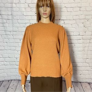 New Adrianna Papell Cable Knit Puff Sleeve Shoulder Button Sweater Size L